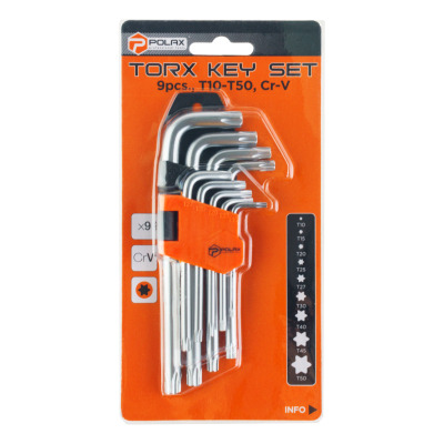 Zestaw kluczy imbusowych TORX Polax w kształcie litery L, 9 sztuk, T10-T50, Cr-V (25-007)