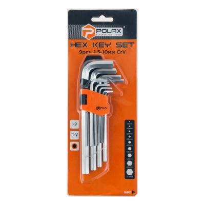 Zestaw długich kluczy imbusowych Polax w kształcie litery L, 9 sztuk, 1,5-10 mm, Cr-V (25-006)