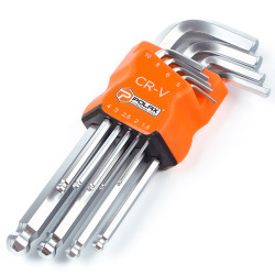 Zestaw kluczy imbusowych Polax L z kulką, 9 sztuk, przedłużka 1,5-10 mm, Cr-V (25-010)